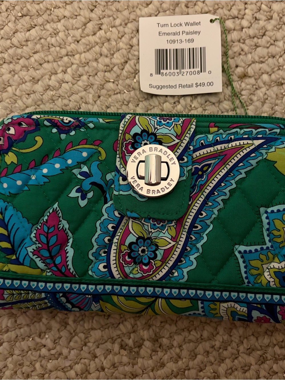 Vera Bradley Green Emerald Paisley Quilted Turn-Lock Wallet
